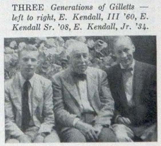 A clipping from a 1957 Alumni Review shows E. Kendall Gillett with his son and grandson.